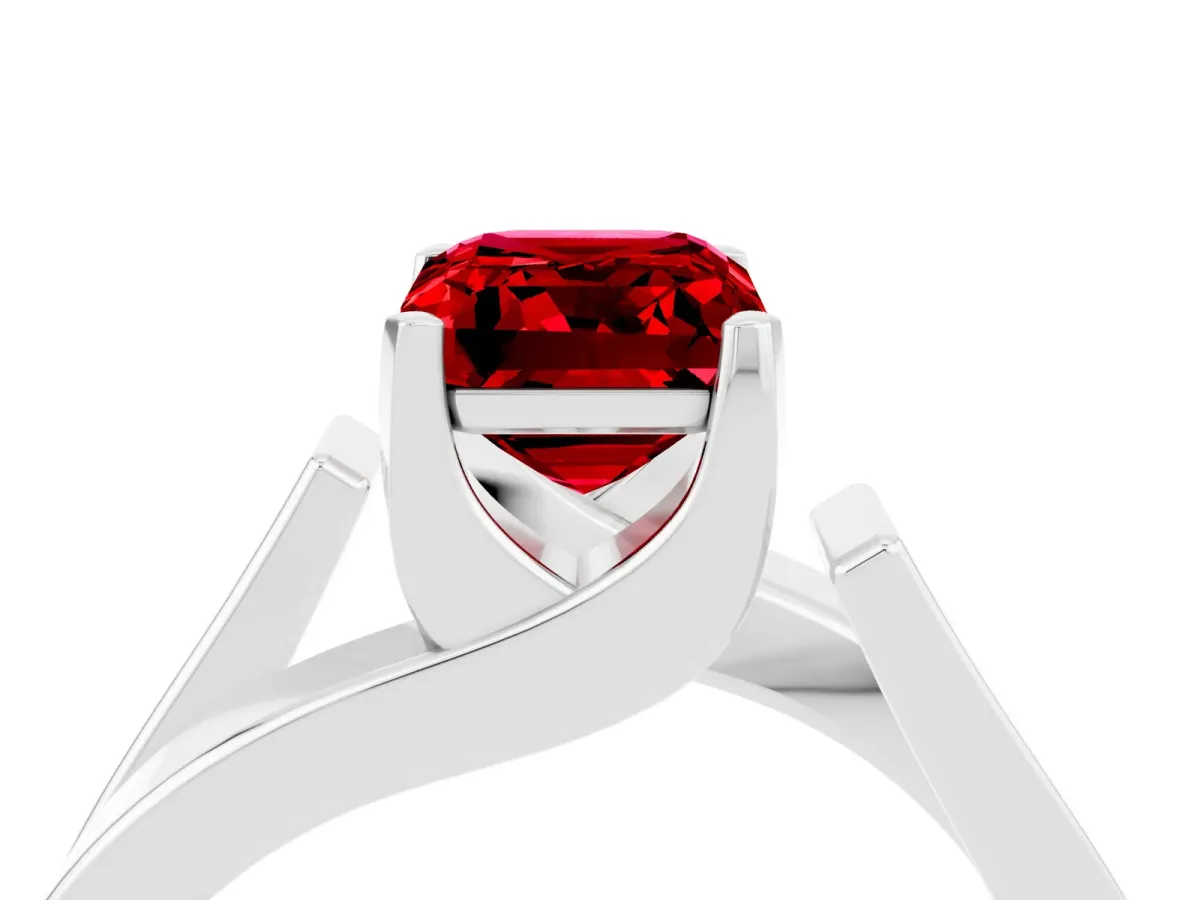 Modern Tension Set Emerald Cut Ruby Solitaire Wide Band Ring Silver