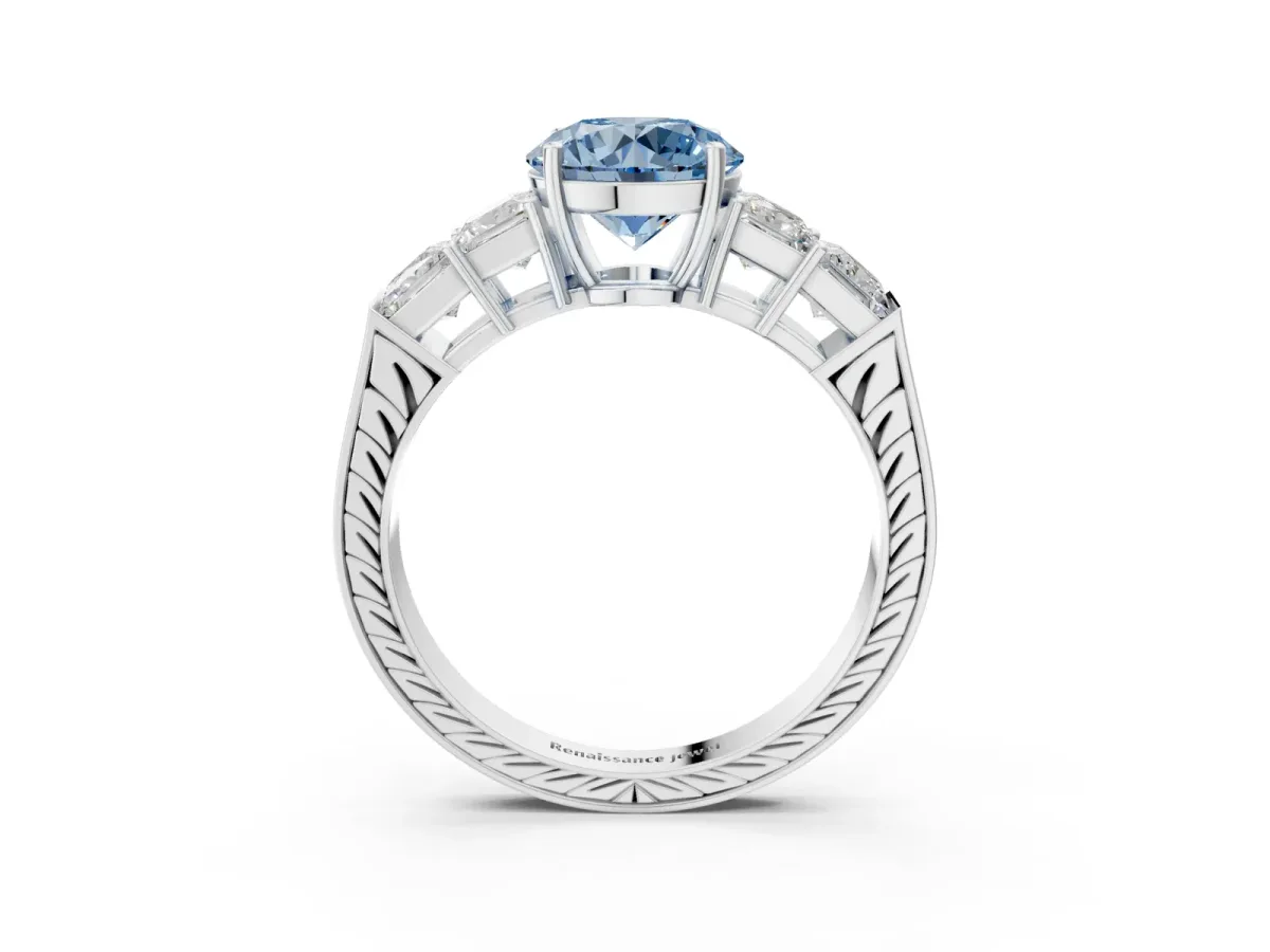 Fancy Blue Round Cut Solitaire Princess Side Stone Engraved Band Prong Setting Ring Silver