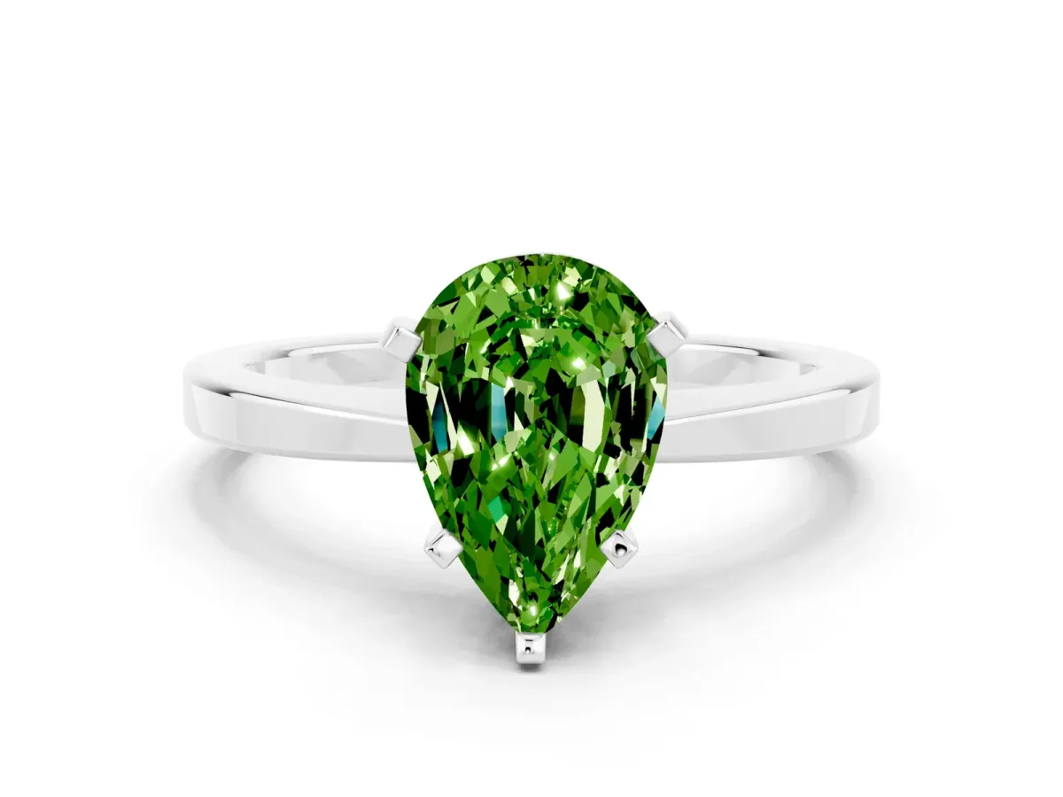 Pear Cut Peridot Solitaire Engagement Ring with Classic Band and Four-Prong Setting Silver