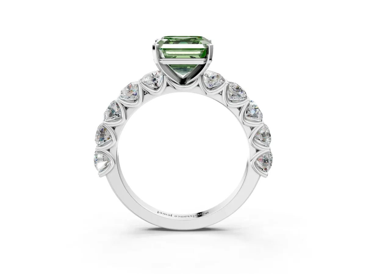 Fancy Green Asscher Cut Diamond Prong Setting with Side Stones on a Pave Band Silver