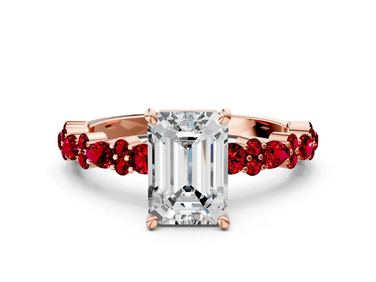 Emerald Cut Diamond Side Stone Solitaire Ring with Round Ruby and Four-Prong Setting Rose gold