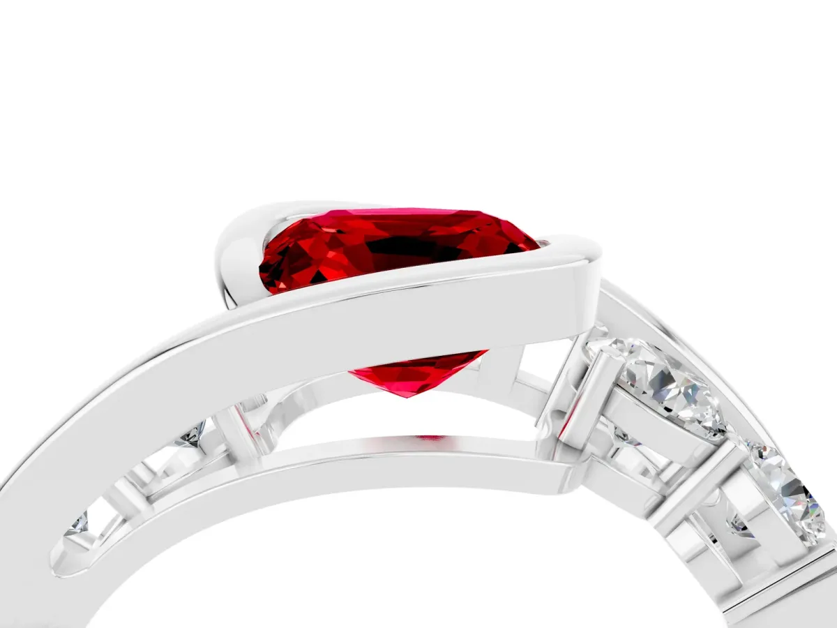 Bezel Set Cushion Cut Ruby Bypass Ring with Round Accents Silver