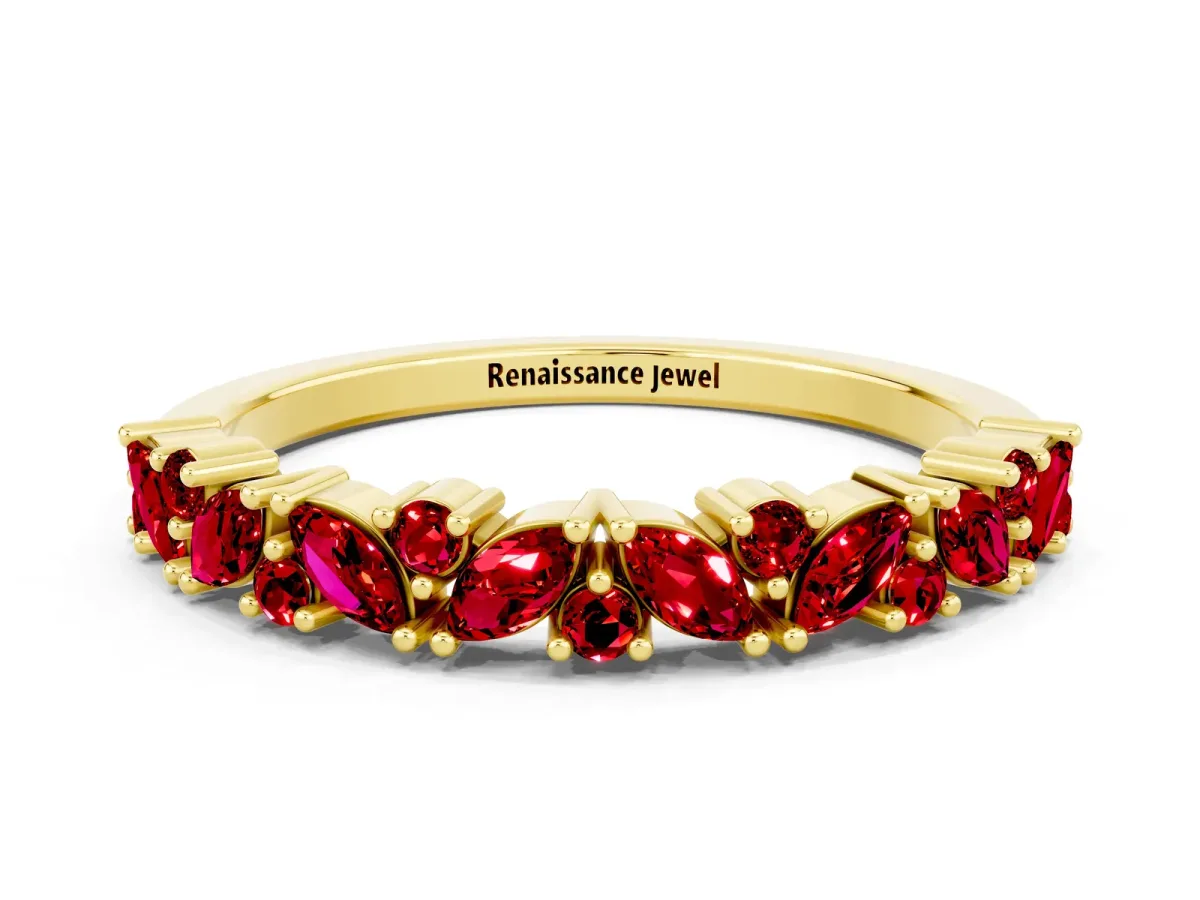 Marquise and Round Ruby Vine Eternity Band with Prong Setting Yellow gold