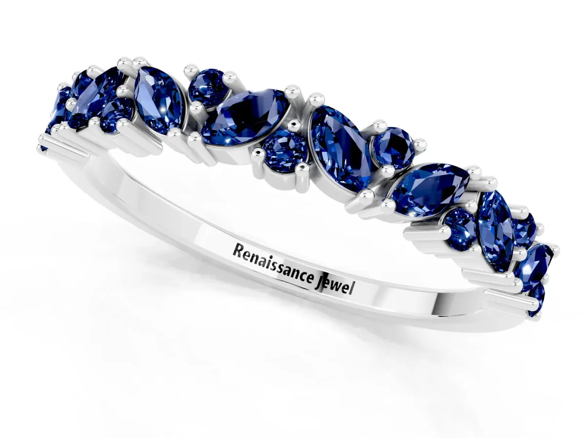 Marquise and Round Blue Sapphire Vine Eternity Band with Prong Setting Silver