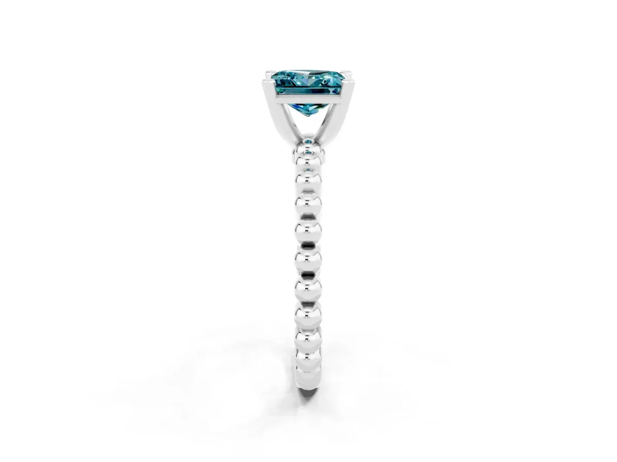 Princess Cut Blue Topaz Solitaire Ring with Beaded Band and Prong Setting Silver