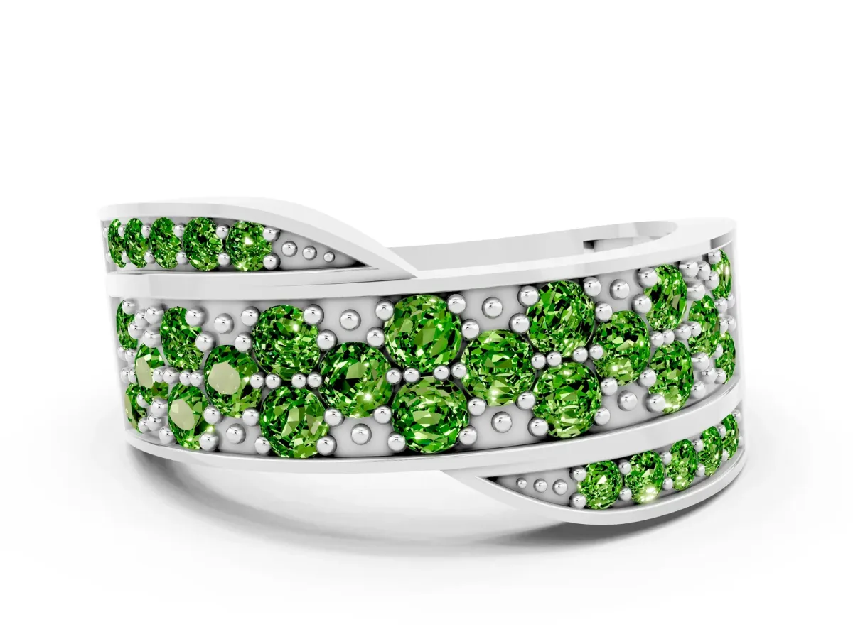 Pavé Round Peridot Crossover Band with Bead Prong Setting Platinum