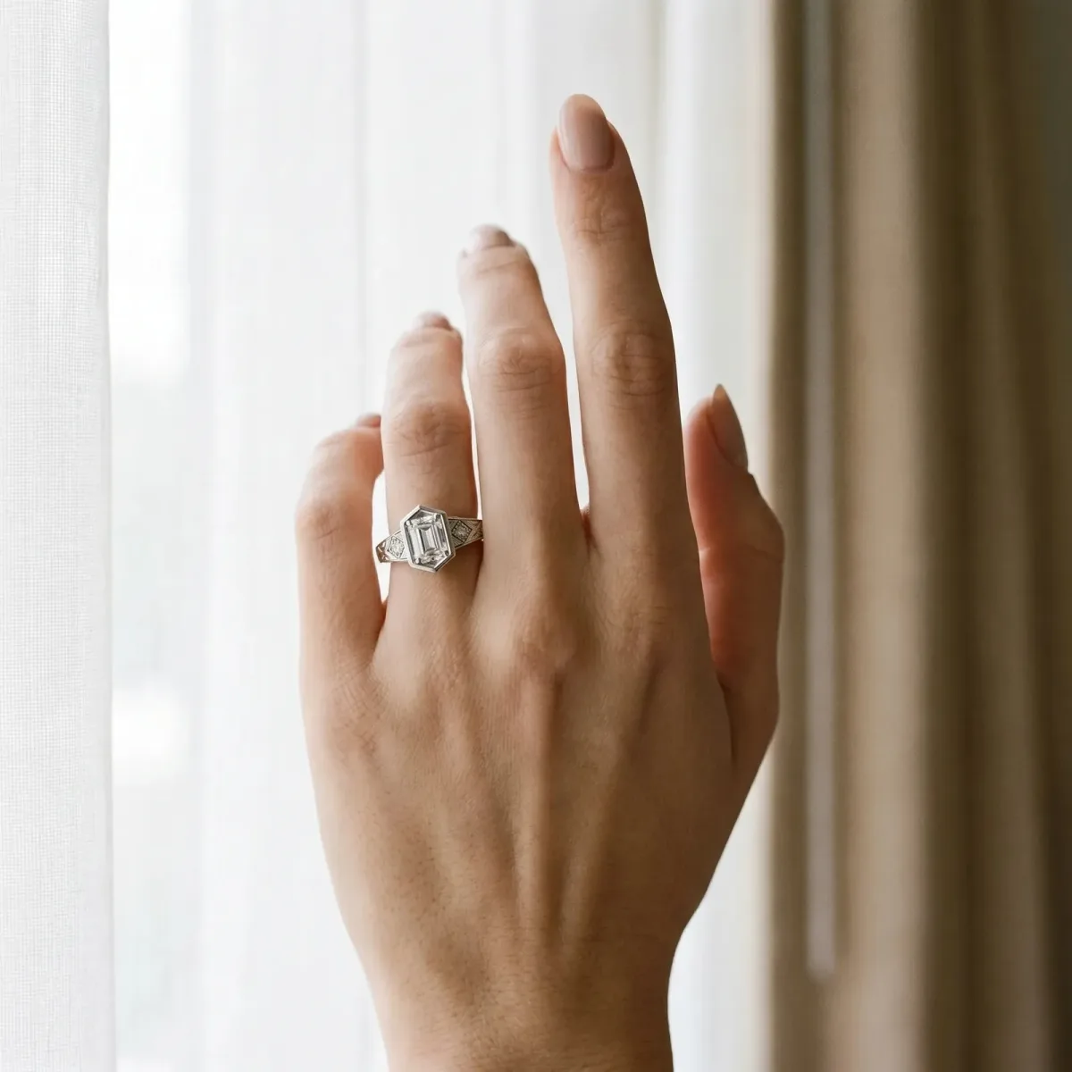 Hexagonal Bezel Emerald Cut Diamond Engraved Band Prong Ring Platinum