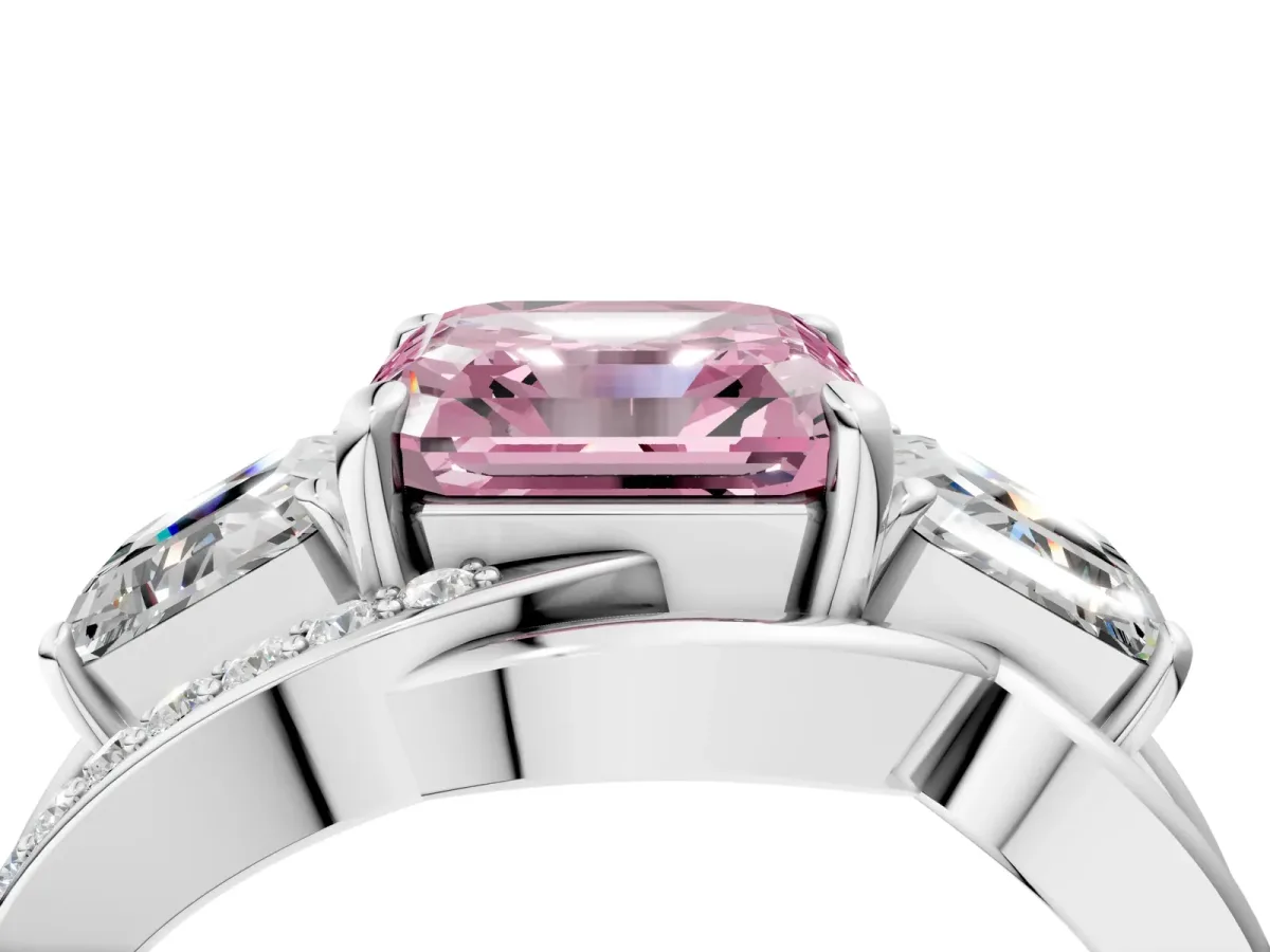 Fancy Pink Three-Stone Asscher Cut Cut Diamond Split Shank Prong Set Ring Platinum