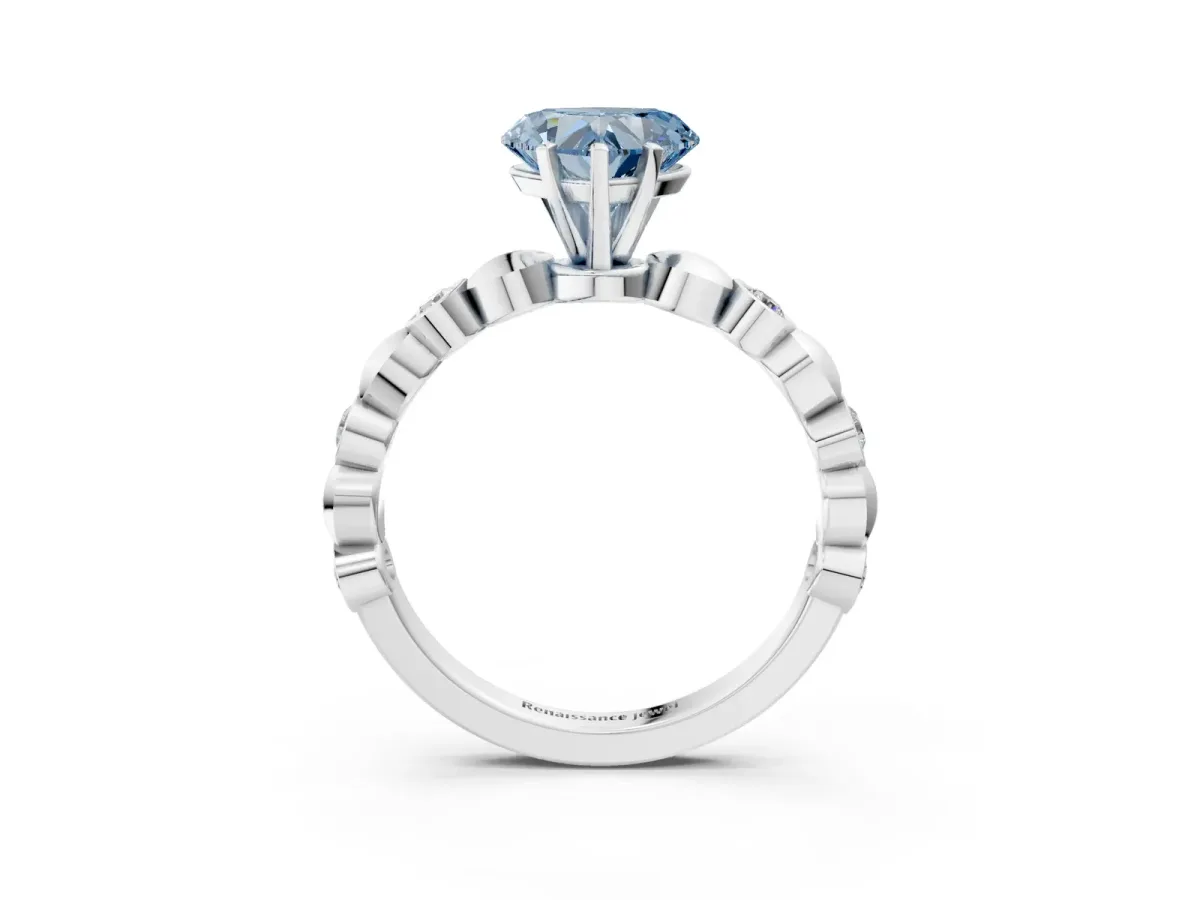 Fancy Blue Heart Cut Solitaire Bezel-Set Diamond Ring with Beaded Band and Four-Prong Setting Silver