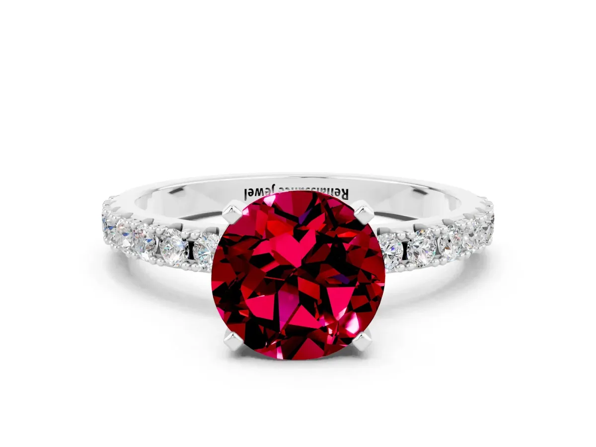 Round Cut Garnet Solitaire Pavé Band with Four-Prong Setting Silver