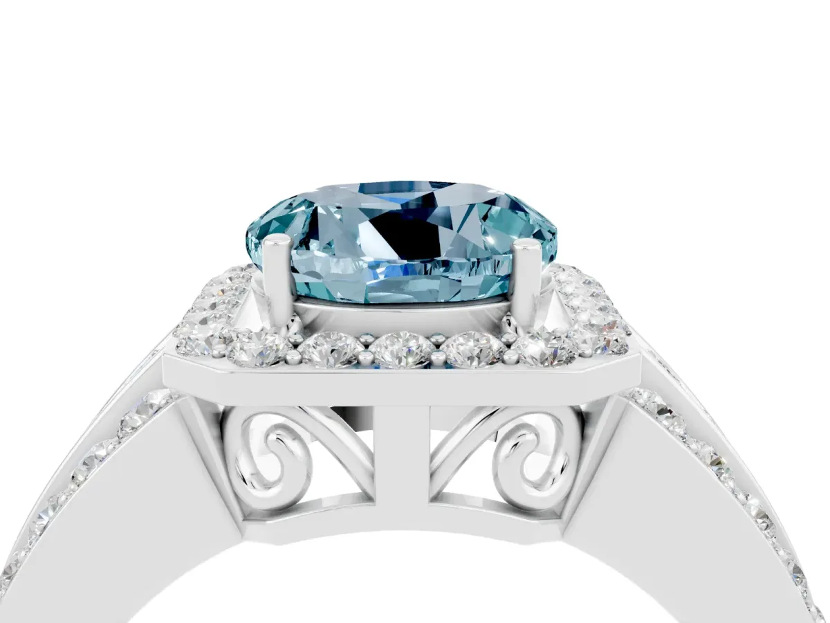 Round Cut Halo Aquamarine Ring with Round Split Shank and Prong Setting Platinum