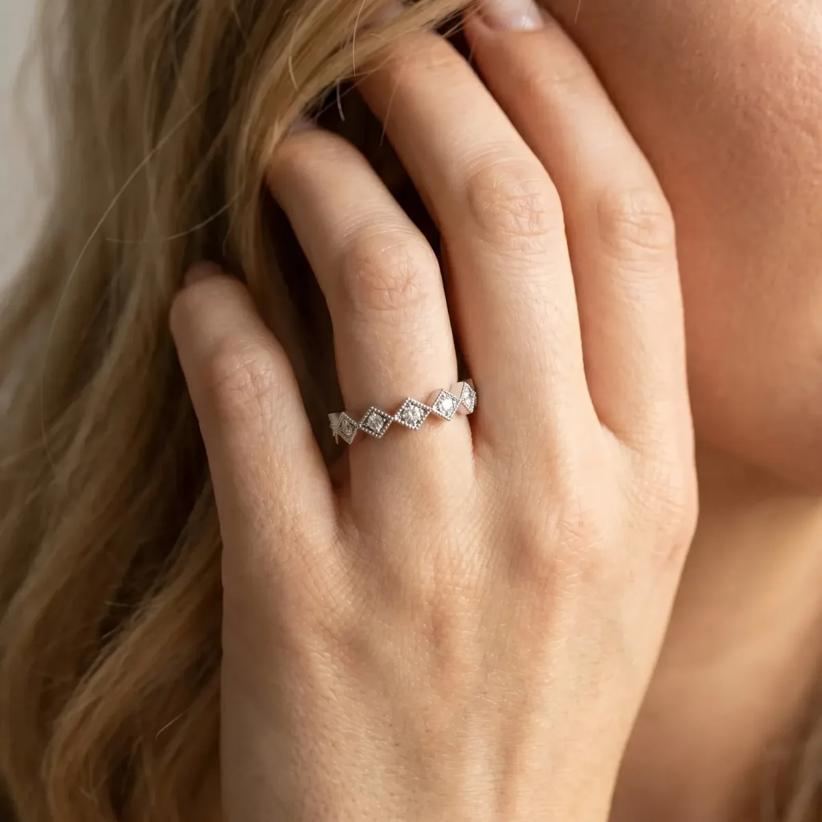 Milgrain Diamond Geometric Stackable Band with Round Cut Stones and Bezel Setting White gold