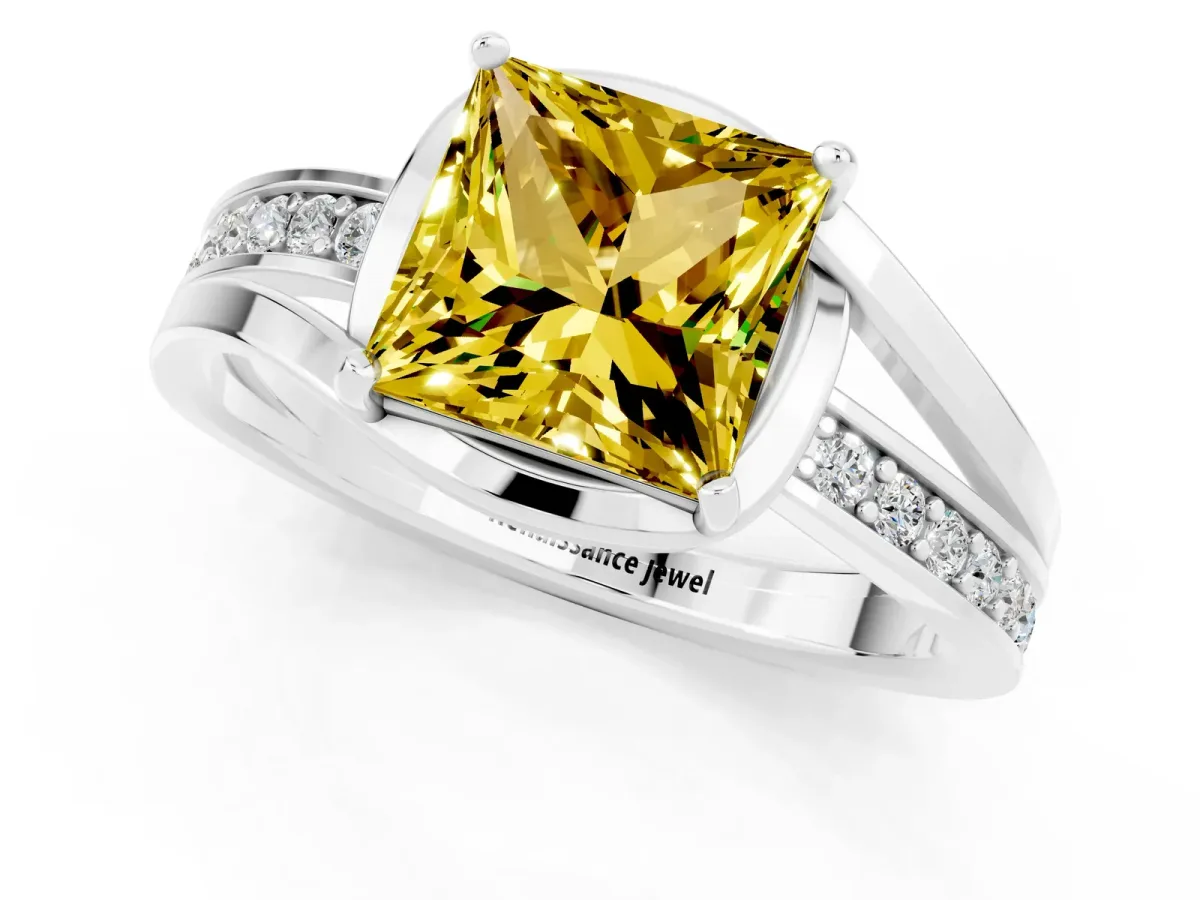 Princess Cut Yellow Sapphire Solitaire Ring with Split Shank and Prong Setting Platinum