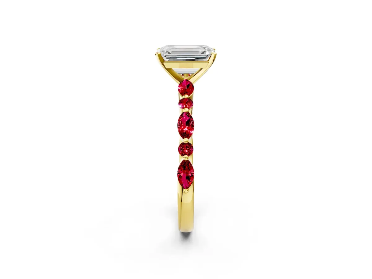 Emerald Cut Diamond Ring with Marquise and Round Ruby Side Stones and Four-Prong Setting Yellow gold
