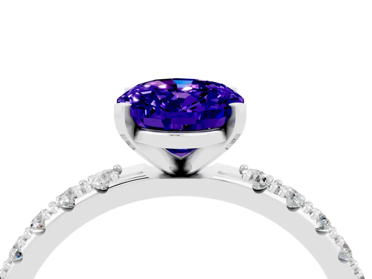 Oval Cut Tanzanite Solitaire Pavé Band with Four-Prong Setting Platinum