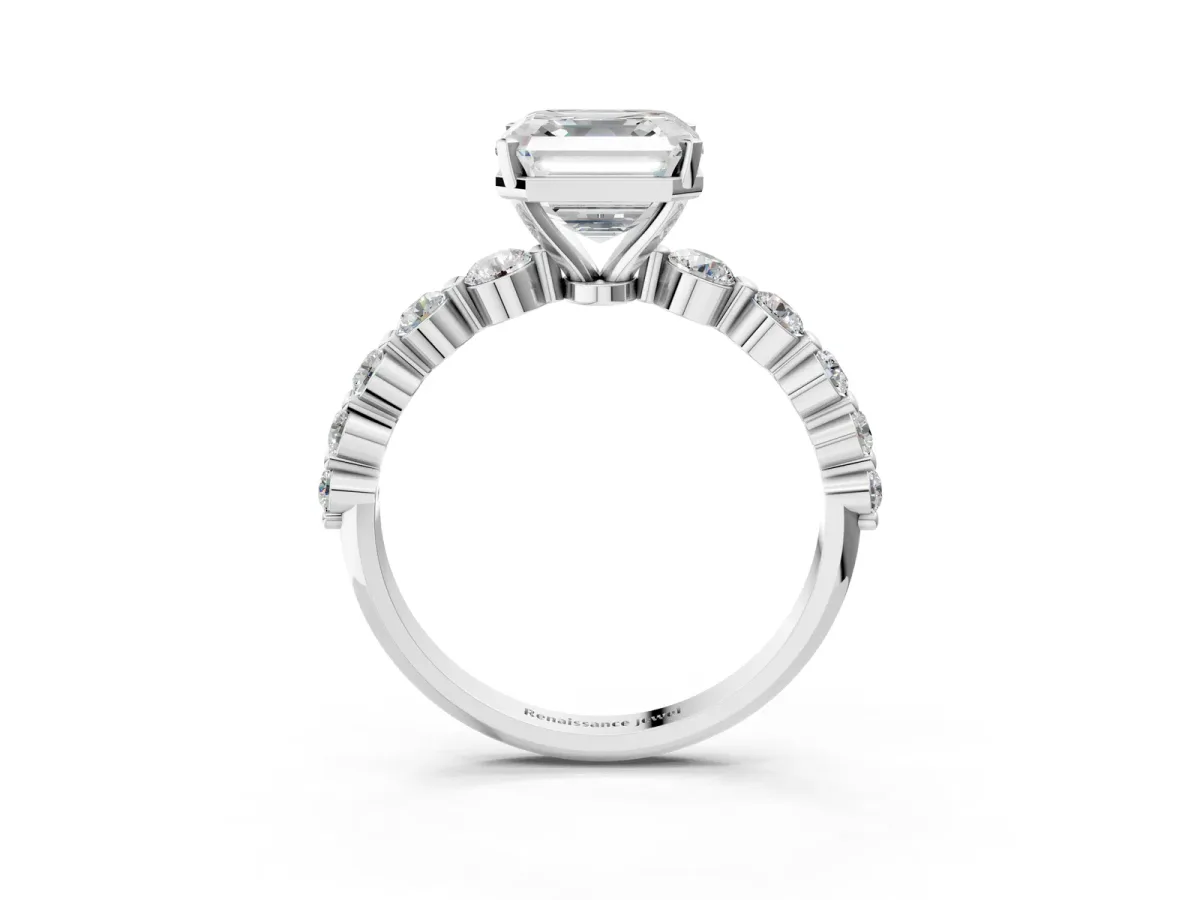 Asscher Cut Solitaire Diamond Ring with Pave Band and Four-Prong Setting Platinum