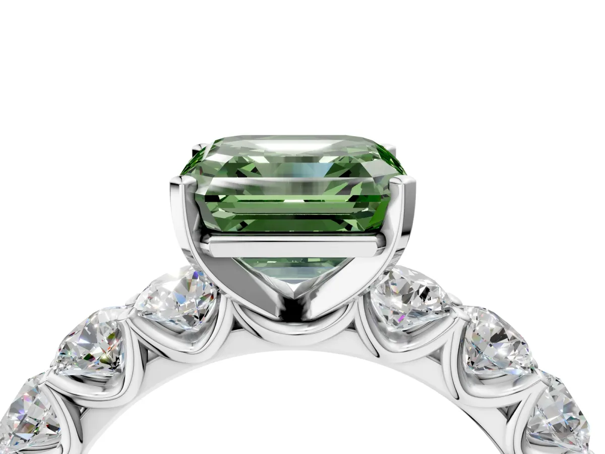 Fancy Green Asscher Cut Diamond Prong Setting with Side Stones on a Pave Band Silver