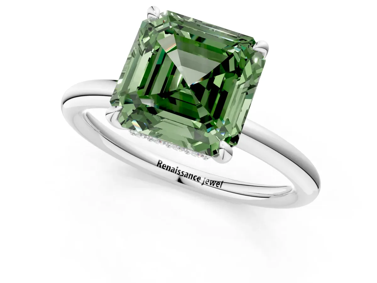 Fancy Green Asscher Cut Diamond Solitaire Ring with Thin Band and Four-Prong Setting Platinum