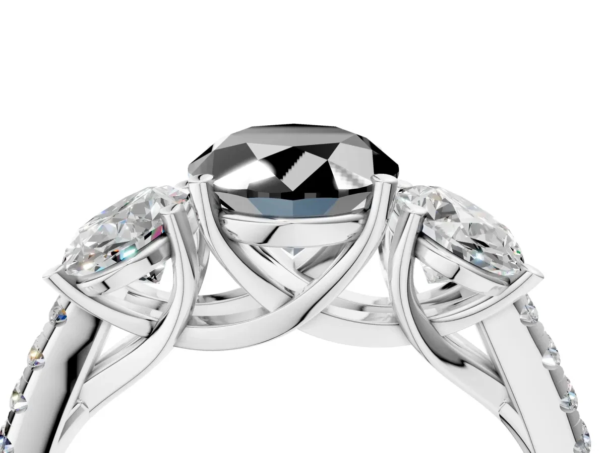 Fancy Black Three-Stone Oval Cut Diamond Ring with Round Pavé Band and Prong Setting Silver