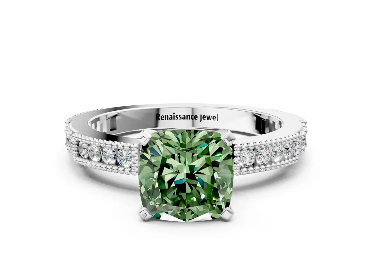Fancy Green Cushion Cut Solitaire with Pavé Band and Four-Prong Setting Silver