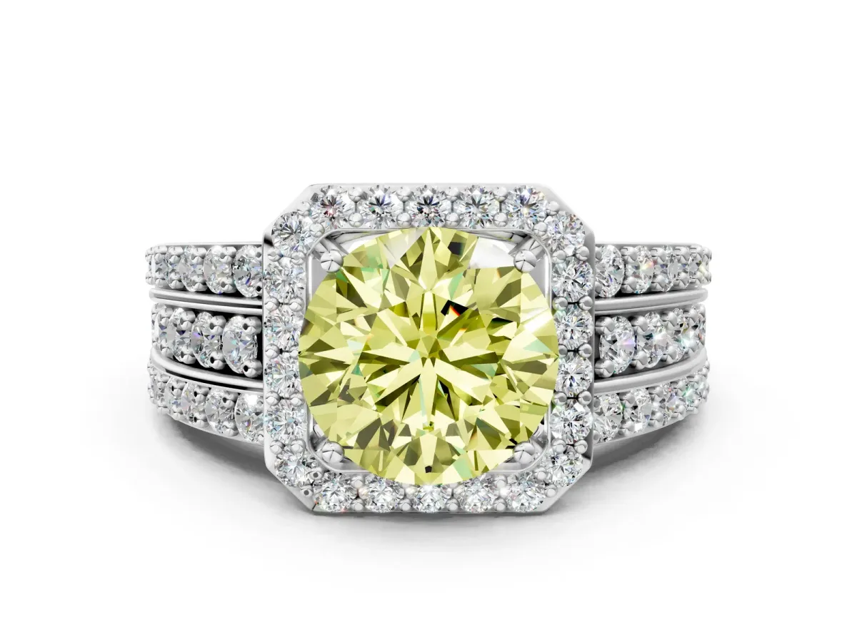 Fancy Yellow Round Cut Halo Diamond Ring with Round Split Shank and Prong Setting Platinum