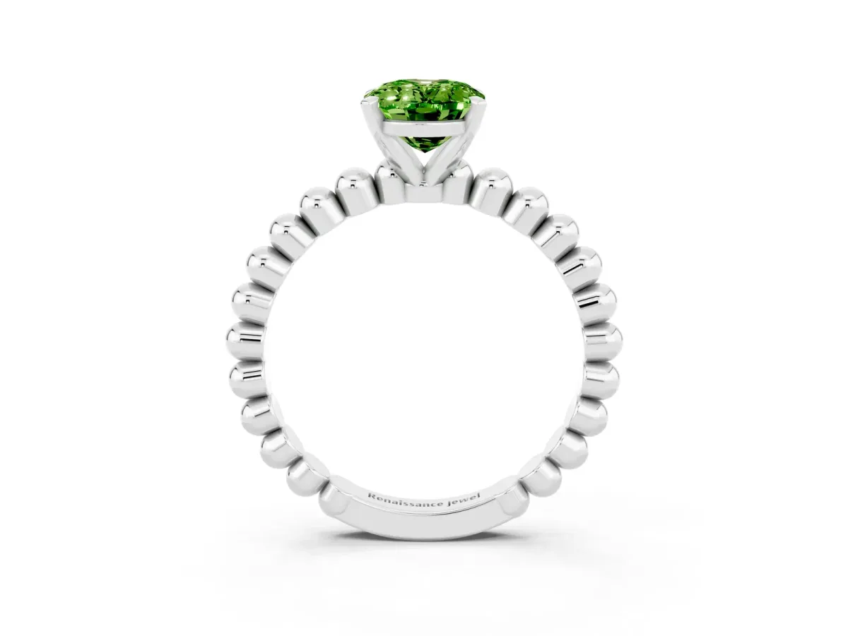 Oval Cut Peridot Solitaire Ring with Beaded Band and Prong Setting Platinum