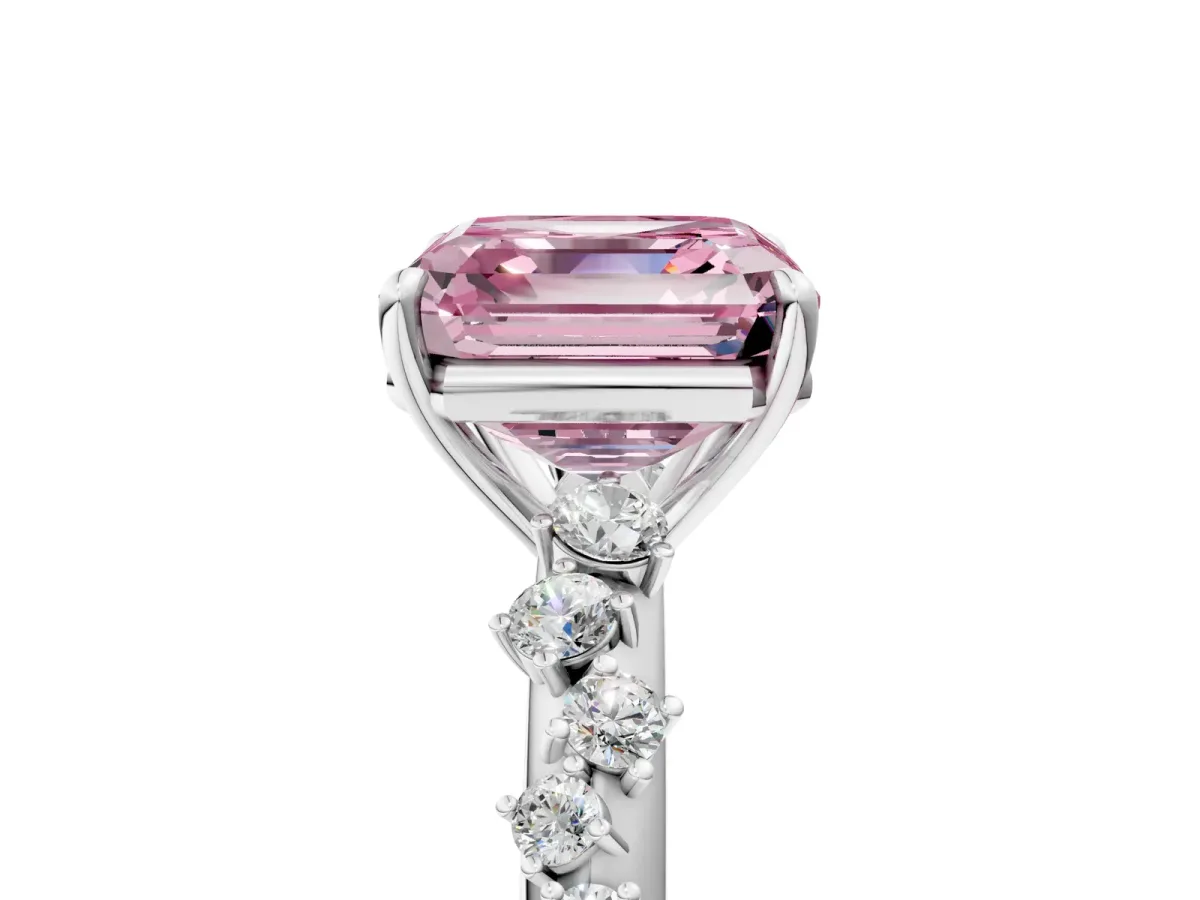 Fancy Pink Asscher Cut Diamond Cluster Side Stone Solitaire Ring with Prong Setting Platinum