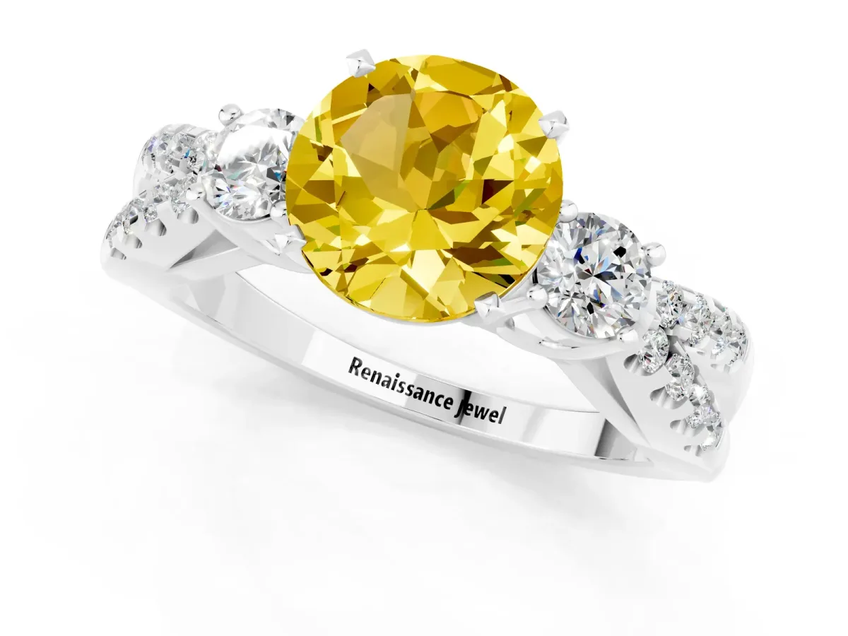 Round Cut Yellow Sapphire Three-Stone Ring with Pavé Split Shank and Four-Prong Setting Silver