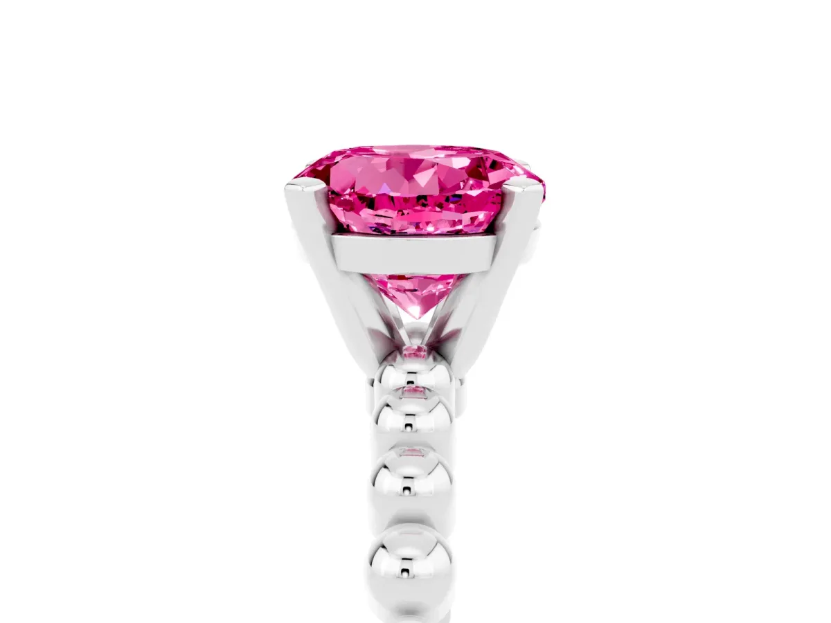 Round Cut Pink Sapphire Solitaire Ring with Beaded Band and Prong Setting Silver