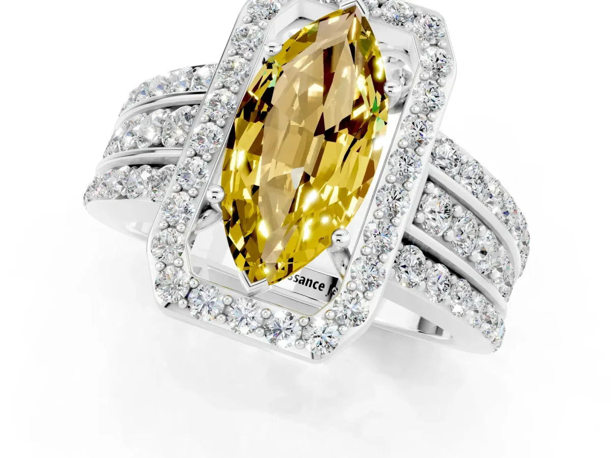 Marquise Cut Halo Yellow Sapphire Ring with Round Split Shank and Prong Setting Silver