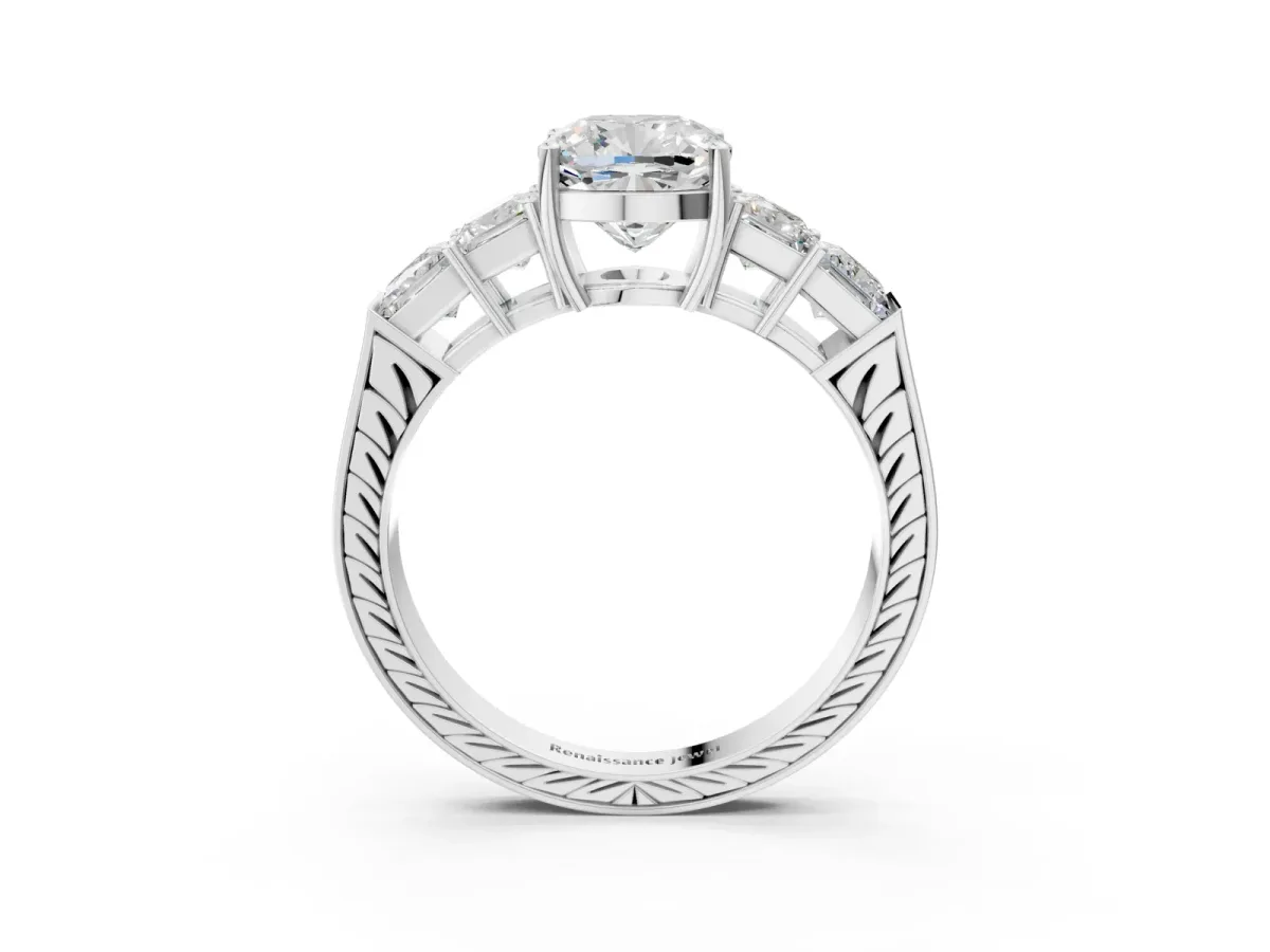 Cushion Cut Solitaire Princess Side Stone Engraved Band Prong Setting Ring Silver
