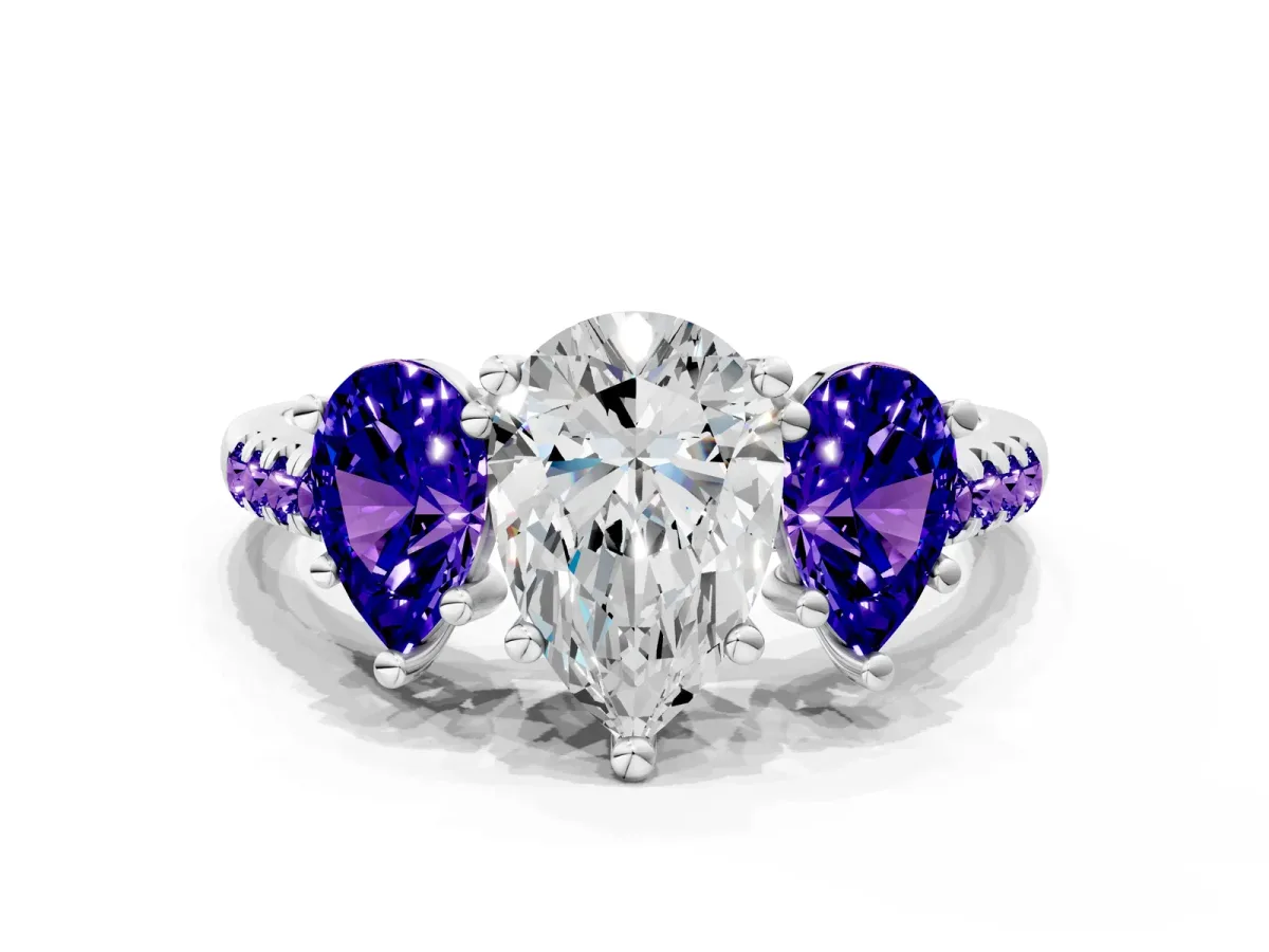 Three-Stone Pear Cut Diamond Ring with Round Tanzanite Pavé Band and Prong Setting Silver