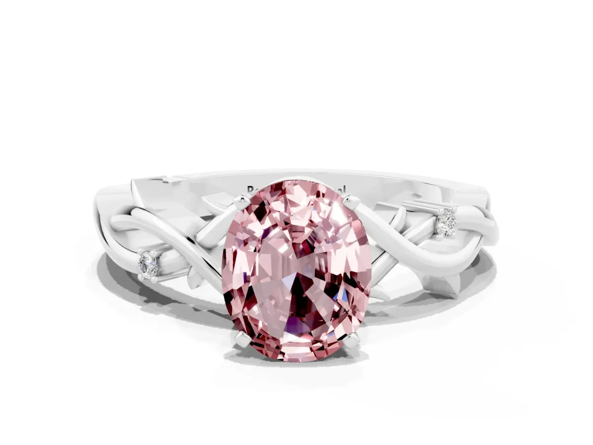 Oval Cut Morganite Solitaire Ring with Twisted Band and Prong Setting Platinum