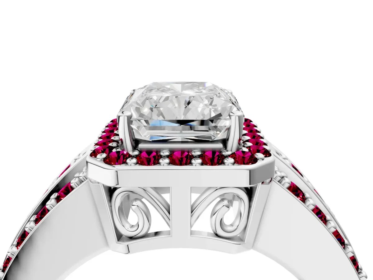 Radiant Cut Halo Diamond Ring with Round Garnet Split Shank and Prong Setting Platinum