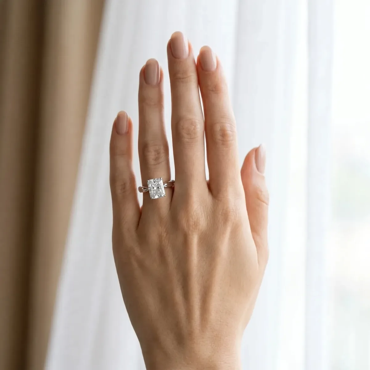 Radiant Cut Solitaire Diamond Twisted Band with Four-Prong Setting Platinum