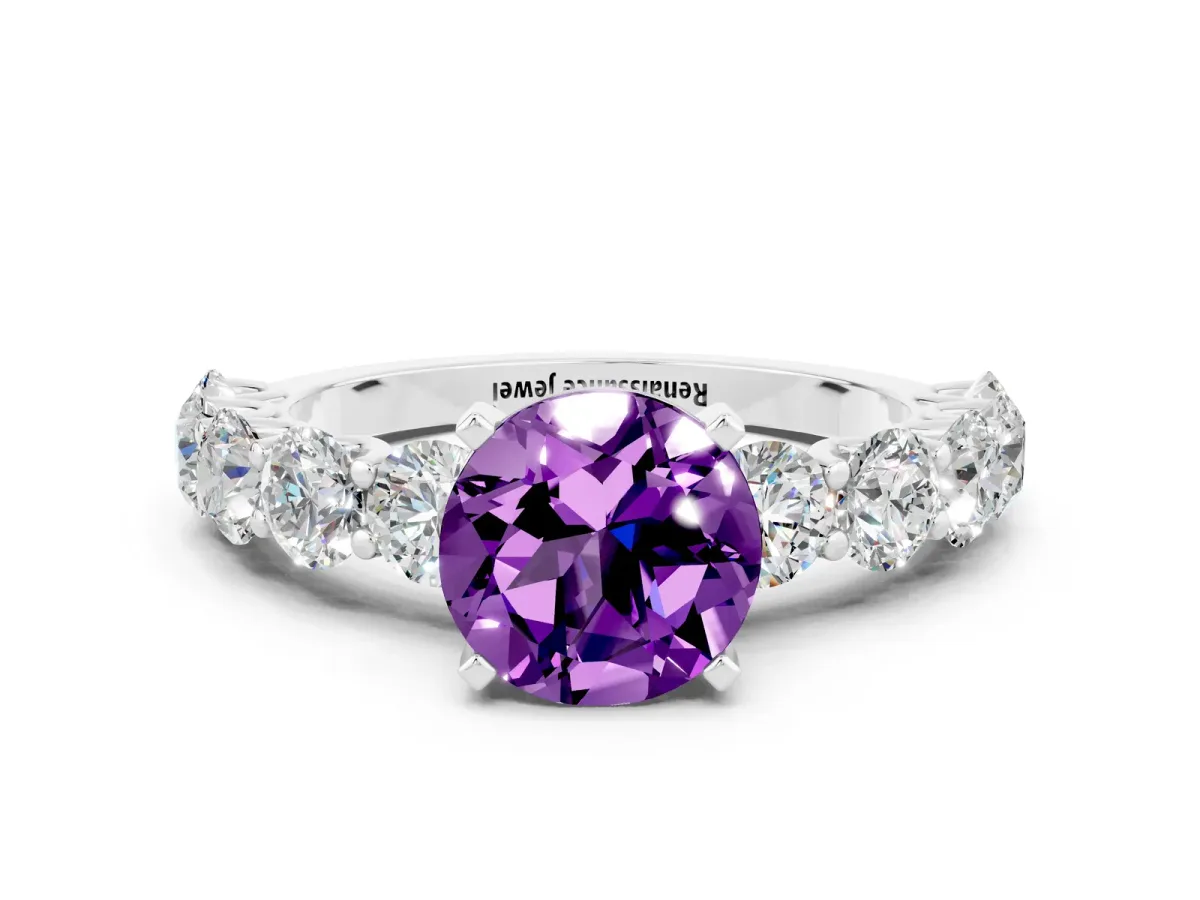 Round Cut Amethyst Prong Setting with Side Stones on a Pave Band Silver