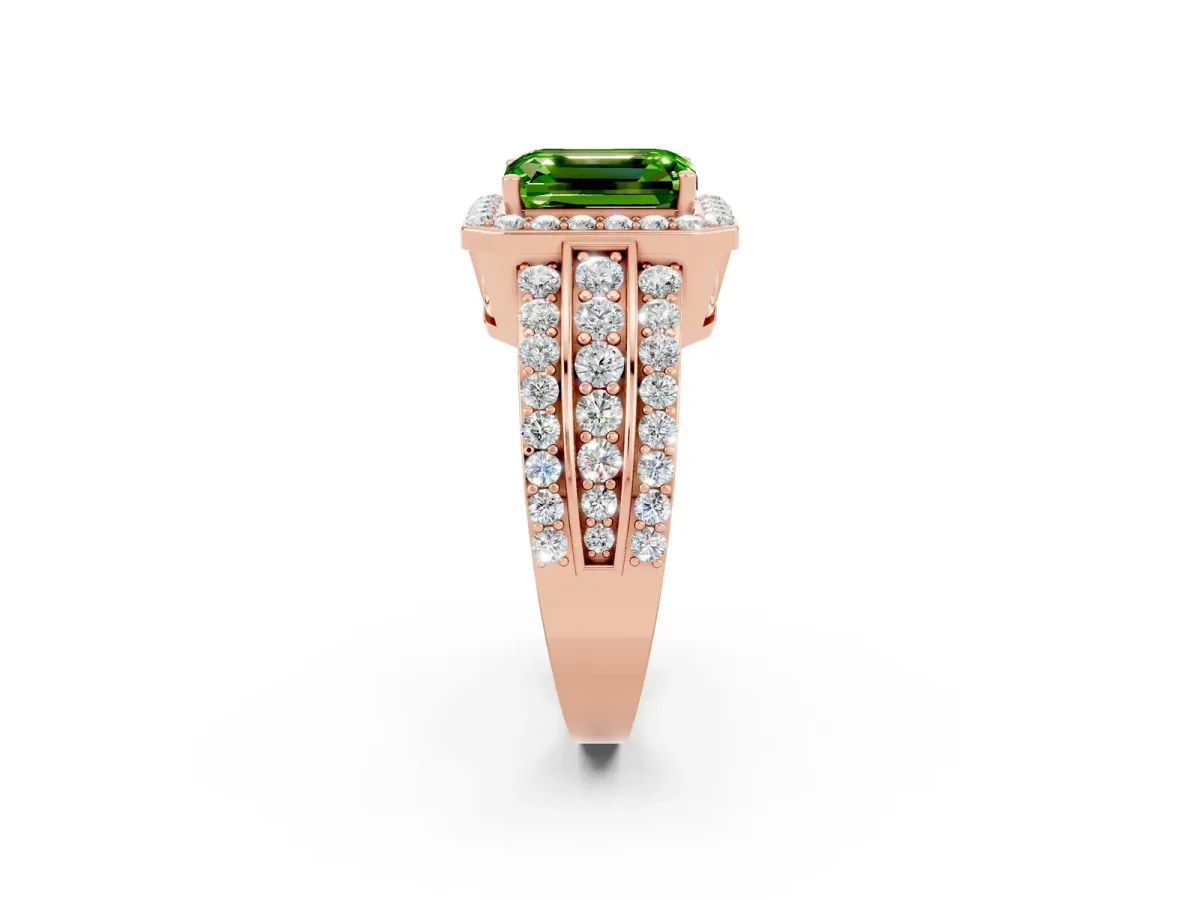 Emerald Cut Halo Peridot Ring with Round Split Shank and Prong Setting Rose gold