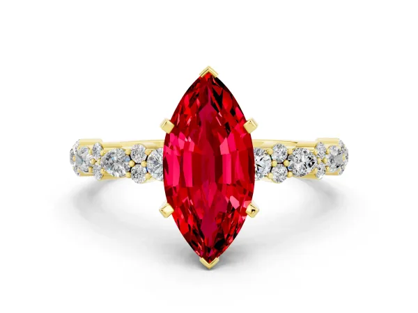 Marquise Cut Ruby Side Stone Solitaire Ring with Round and Four-Prong Setting Yellow gold