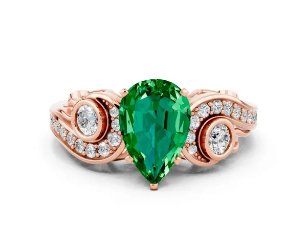 Pear Cut Emerald Solitaire Ring with Milgrain Pavé Band and Four-Prong Setting Rose gold