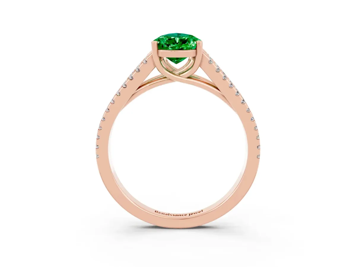 Pear Cut Emerald Solitaire Engagement Ring with Split Shank Pavé Band Rose gold