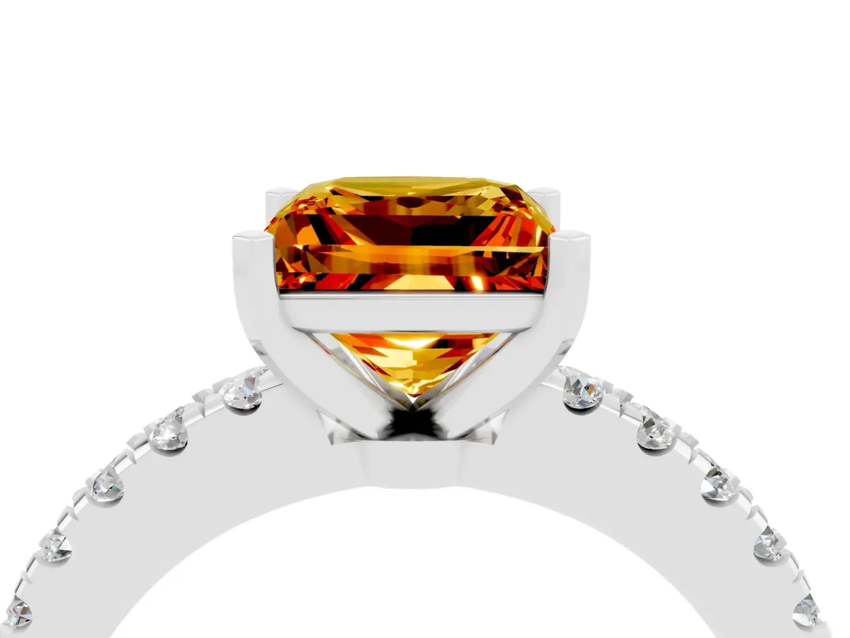 Princess Cut Solitaire Citrine with Pavé Band and Four-Prong Setting Silver