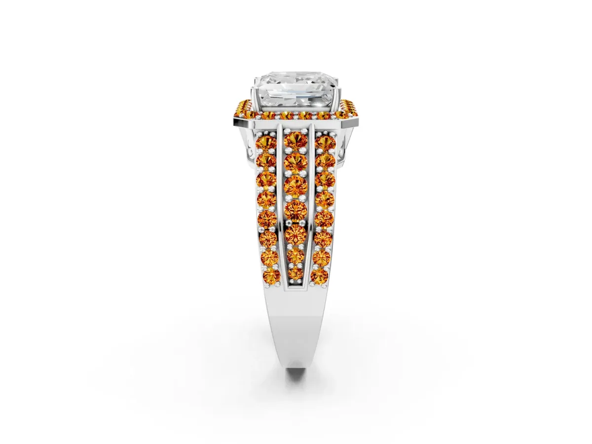 Princess Cut Halo Diamond Ring with Round Citrine Split Shank and Prong Setting Platinum
