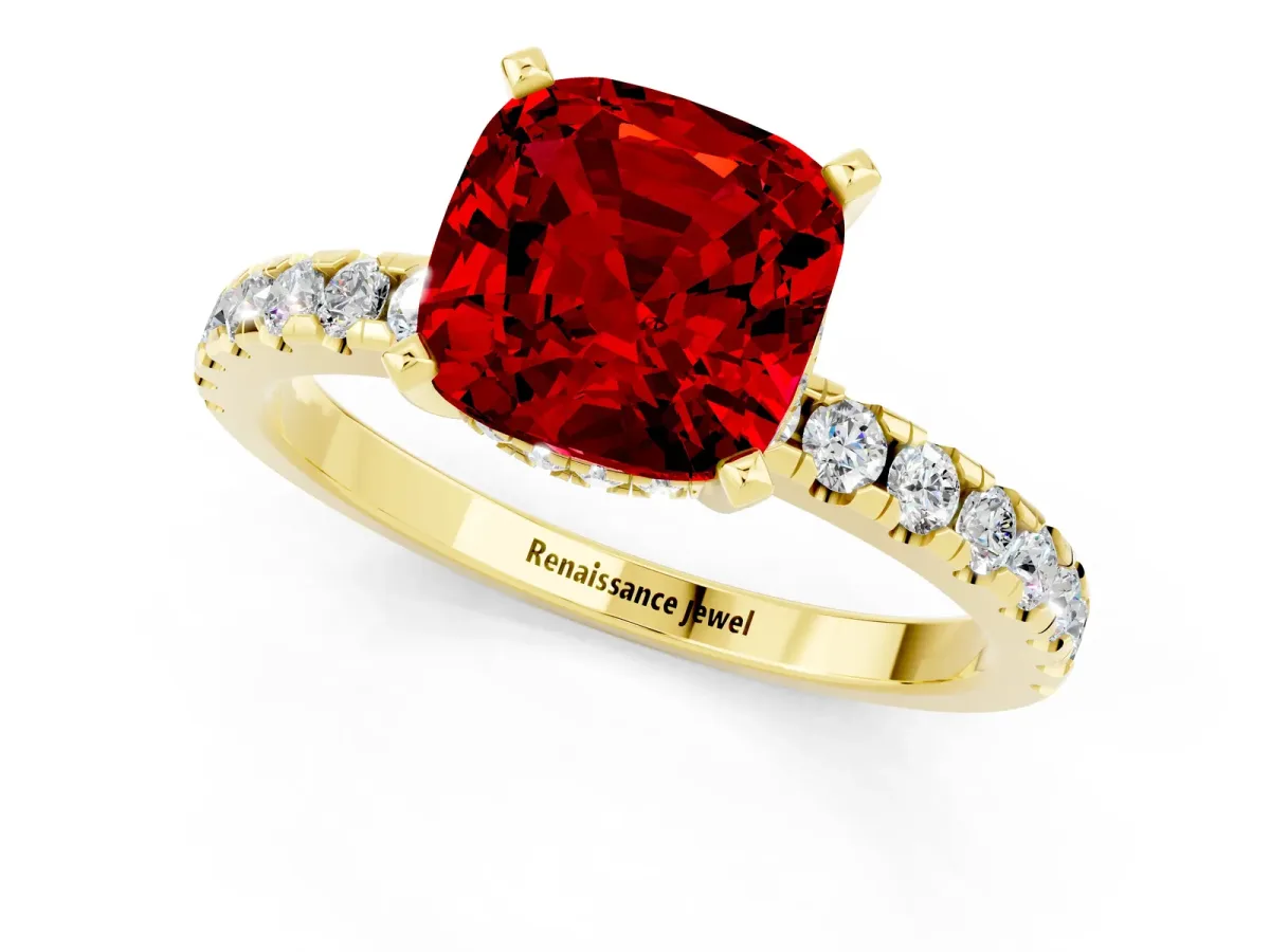 Cushion Cut Ruby Solitaire Ring with Round Pavé Band and Four-Prong Setting Yellow gold