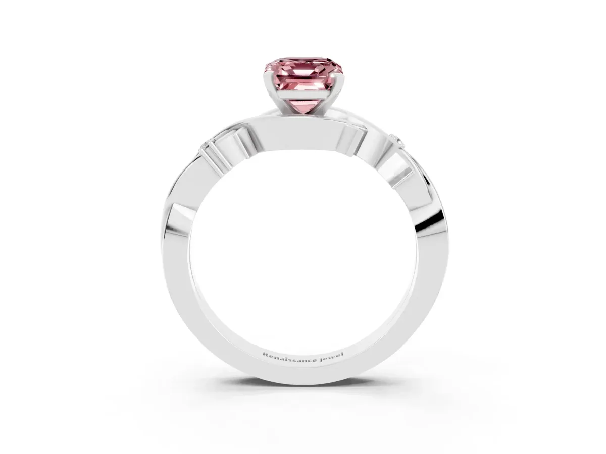 Emerald Cut Morganite Solitaire Ring with Twisted Band and Prong Setting Silver