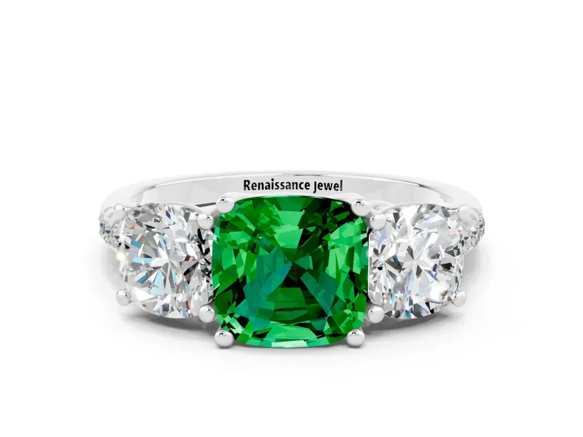 Three-Stone Cushion Cut Emerald Ring with Round Pavé Band and Prong Setting Silver