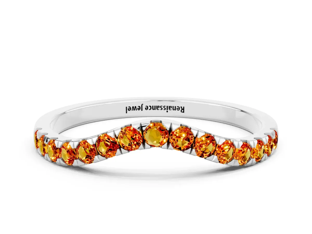 Curved Pavé Round Citrine Wedding Band with Shared Prong Setting Platinum