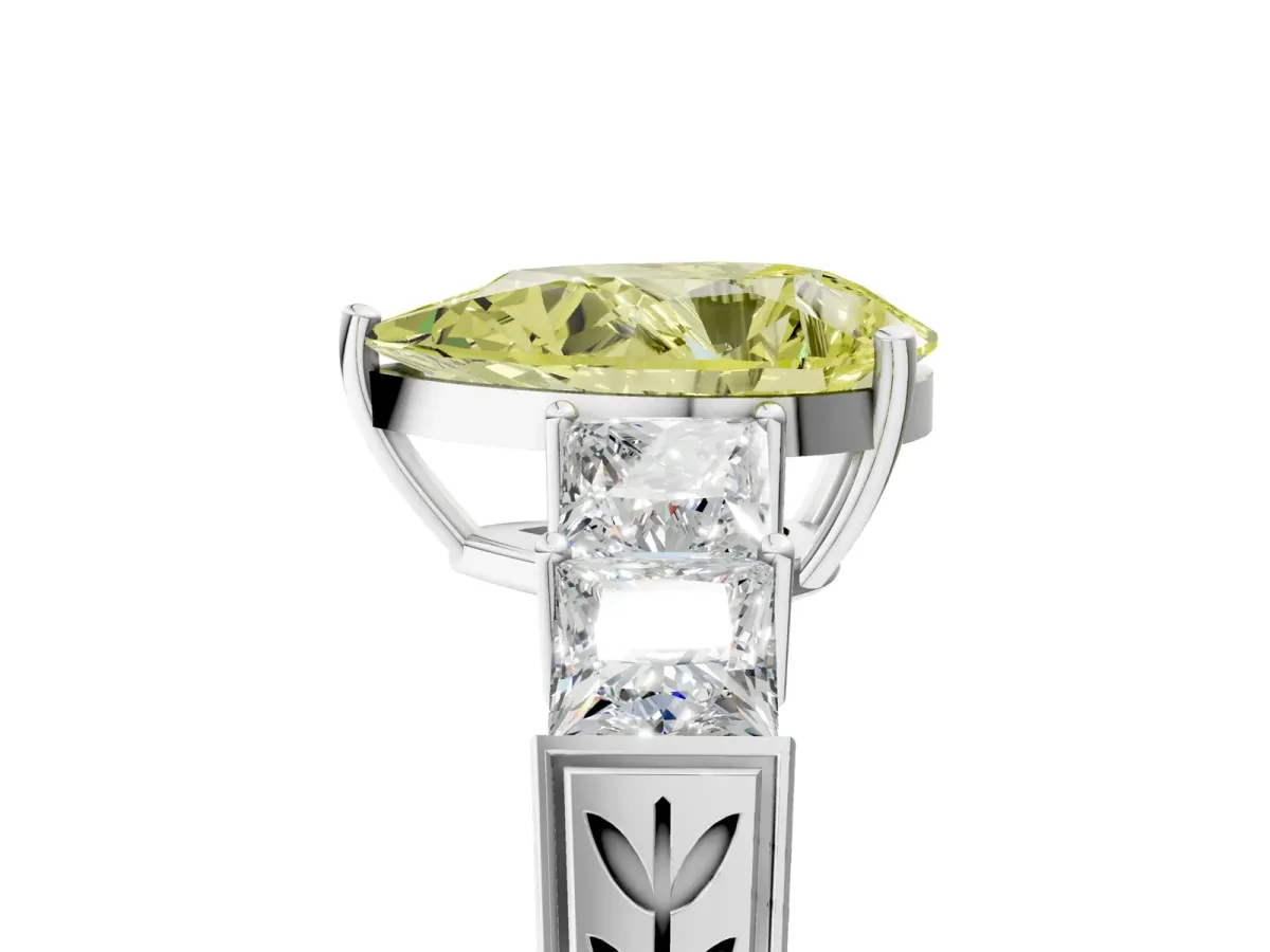 Fancy Yellow Pear Cut Solitaire Princess Side Stone Engraved Band Prong Setting Ring Silver