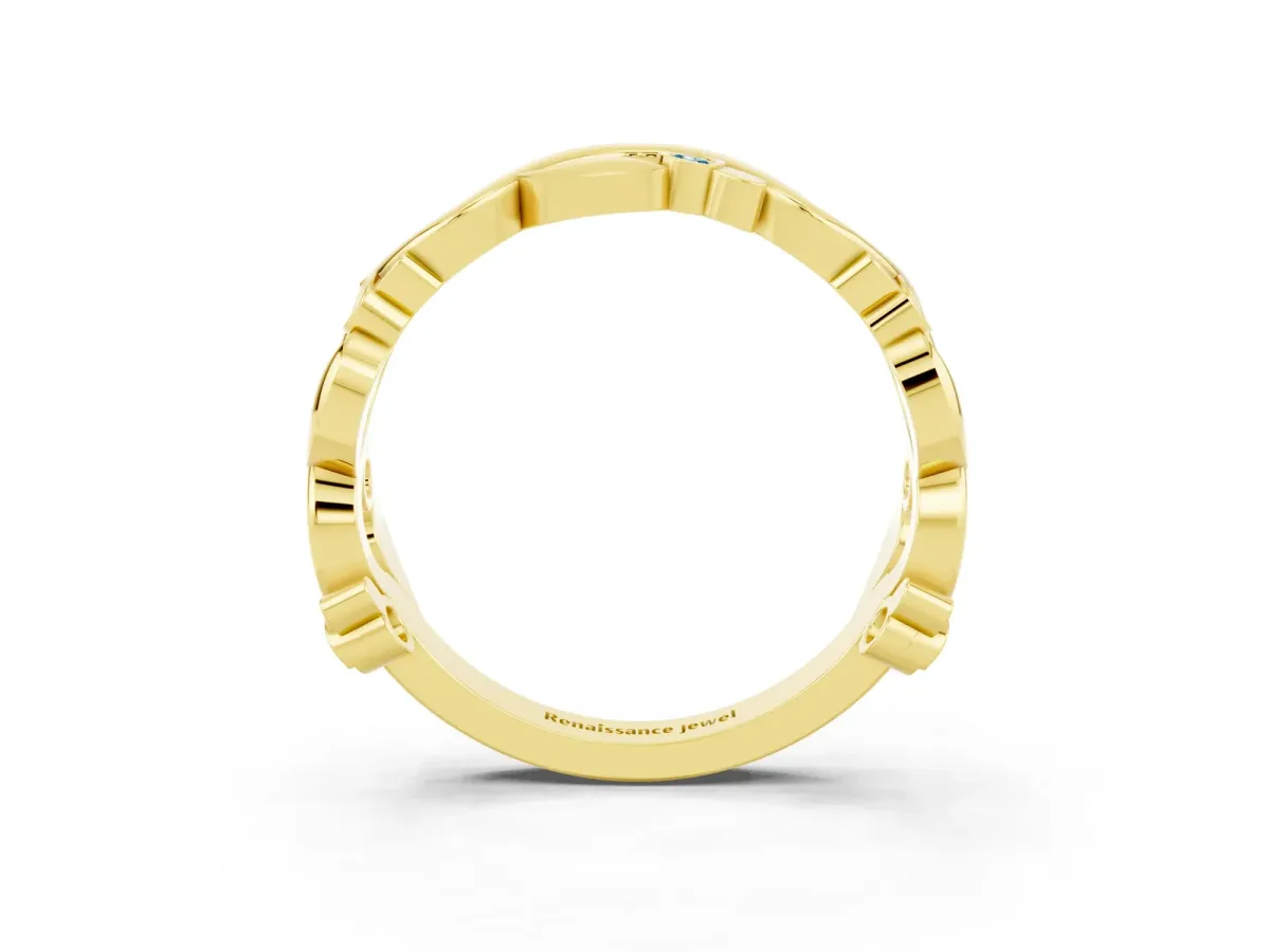Round Blue Topaz Leaf Eternity Band with Bezel Setting Yellow gold