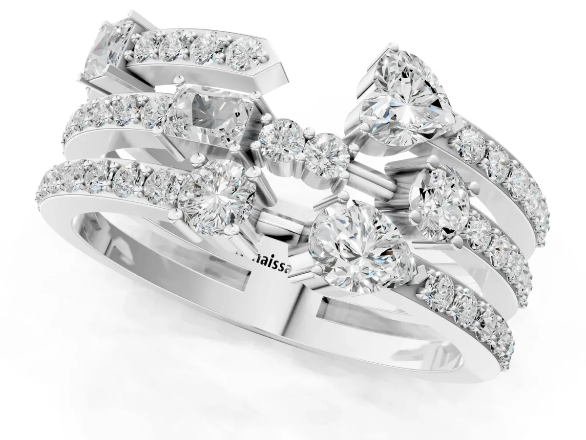Mixed Shape Diamond Multi Row Promise Ring with Round Diamond Accents Platinum