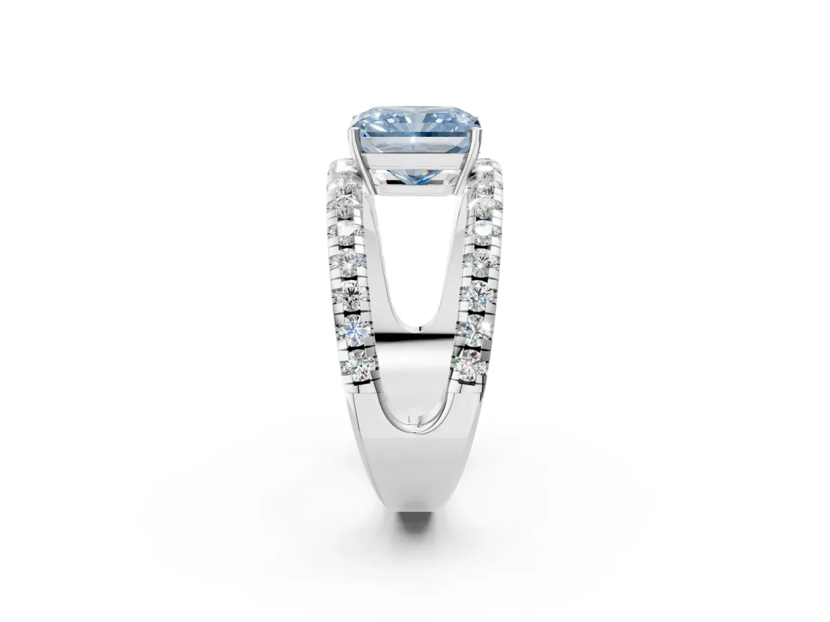 Fancy Blue Radiant Cut Solitaire Split Shank Pave Diamond Ring Platinum